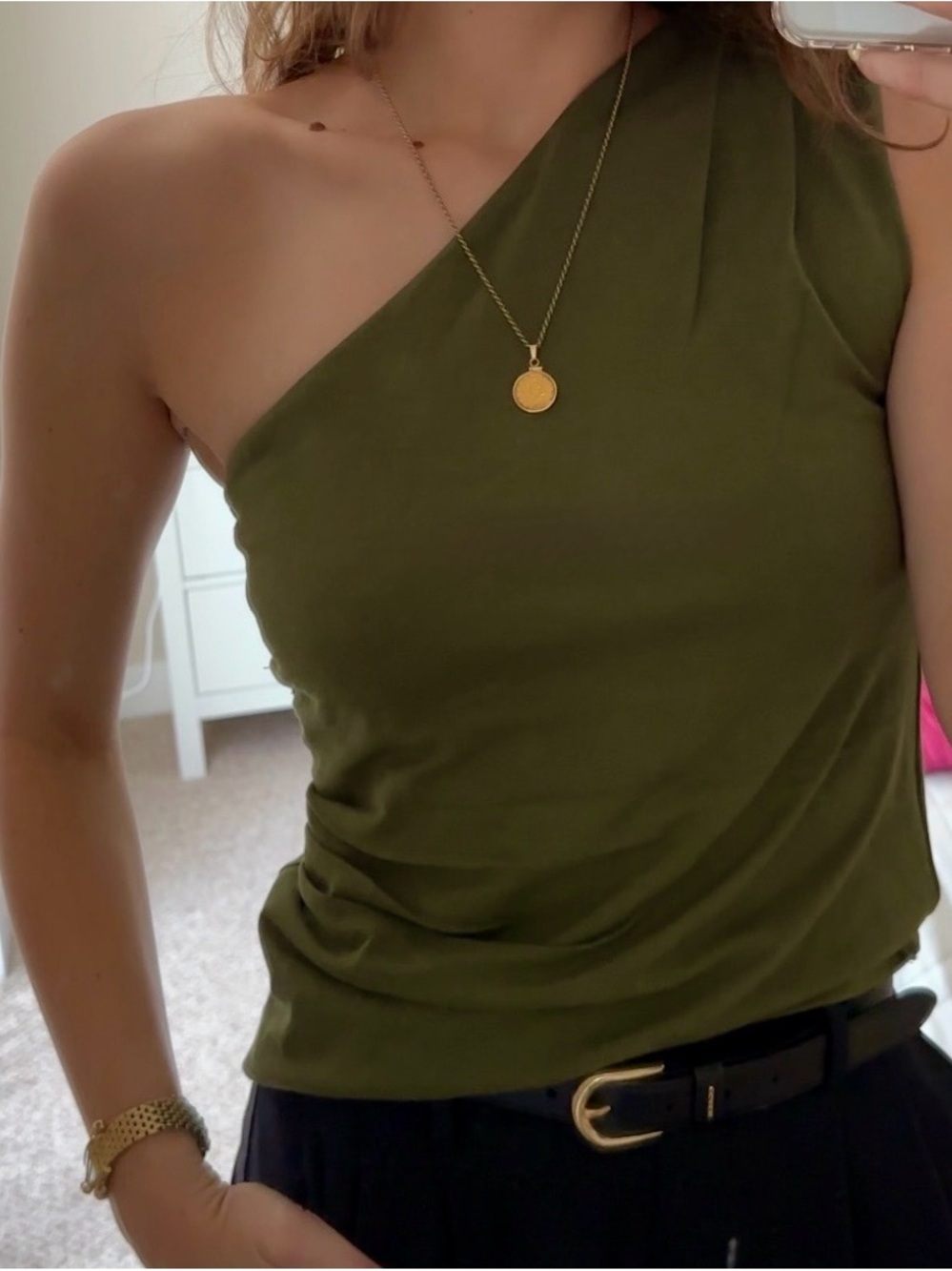 Asymmetrical Ruched One-Shoulder Women's Top, Olive Green